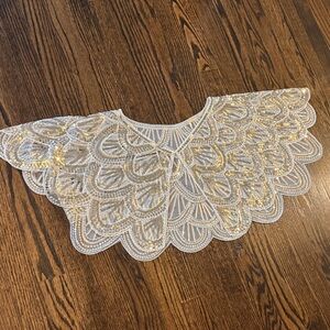 Art Deco Beaded Sequin Capelet Collar Gold Peacock Fan Sheer Net